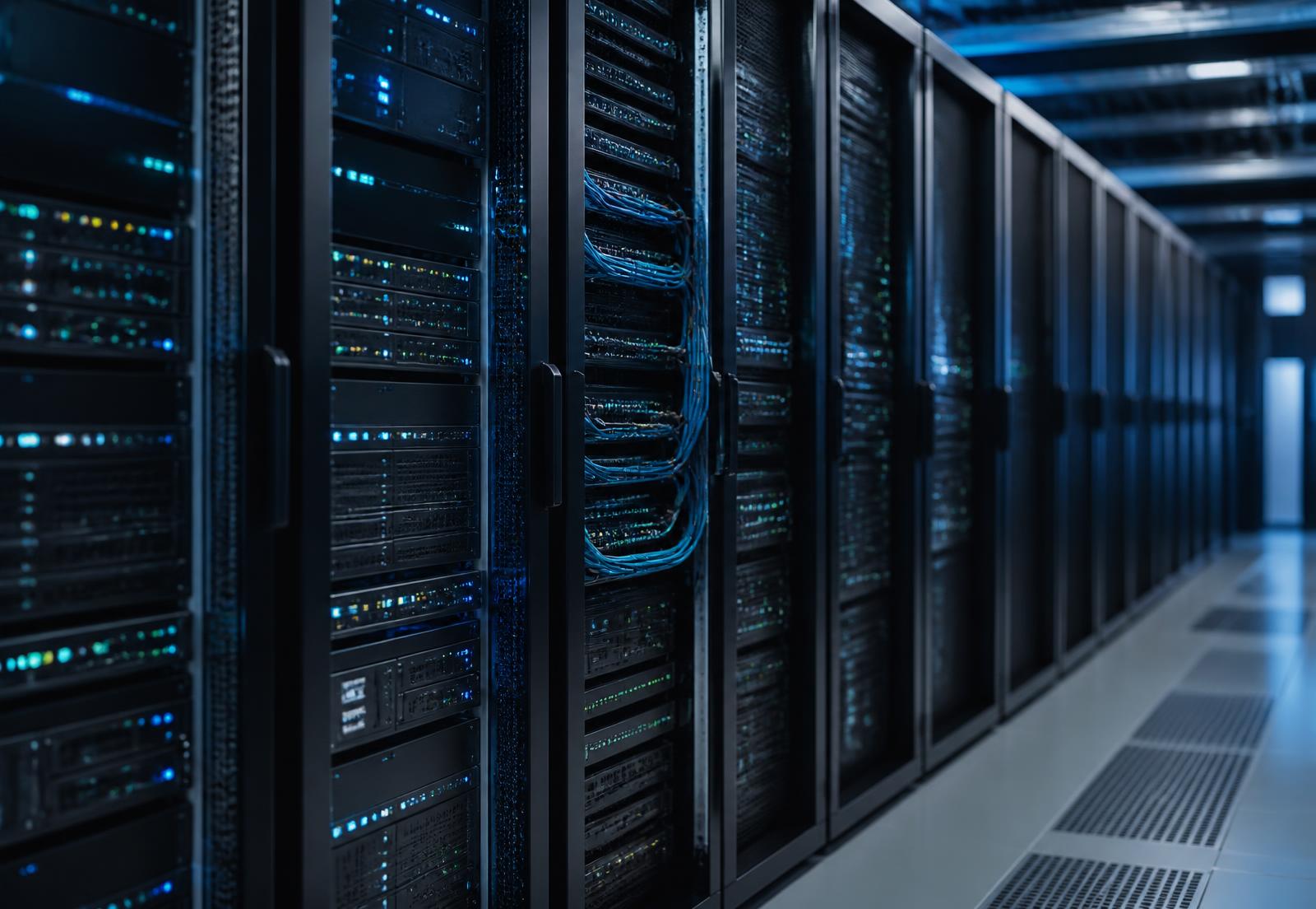 Corredor de data center corporativo com racks de servidores