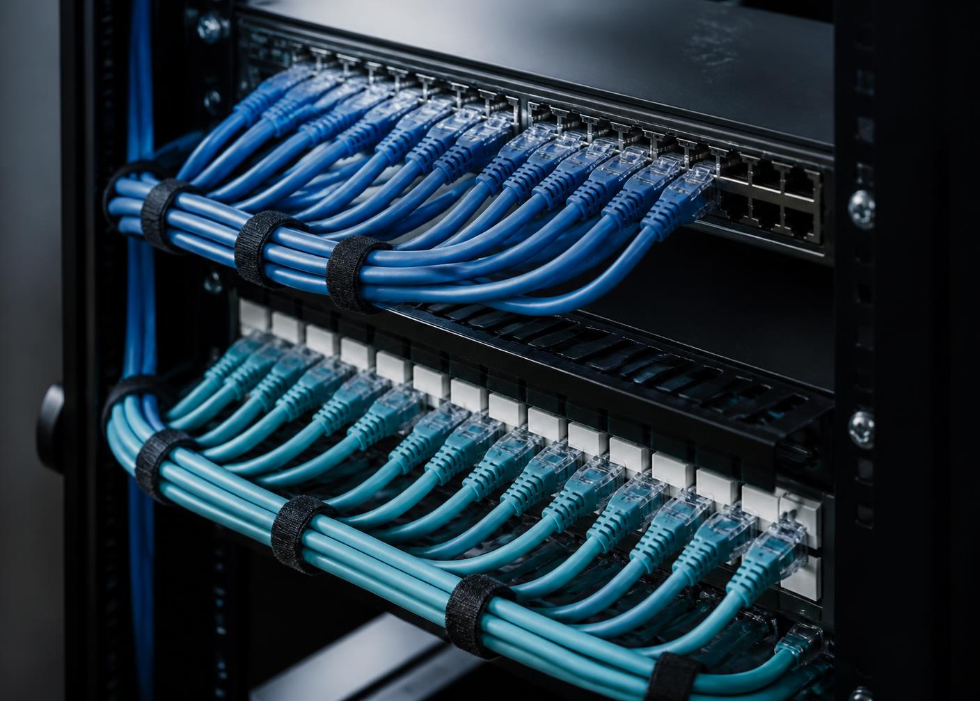 Equipamentos de rede corporativa em rack com cabeamento estruturado